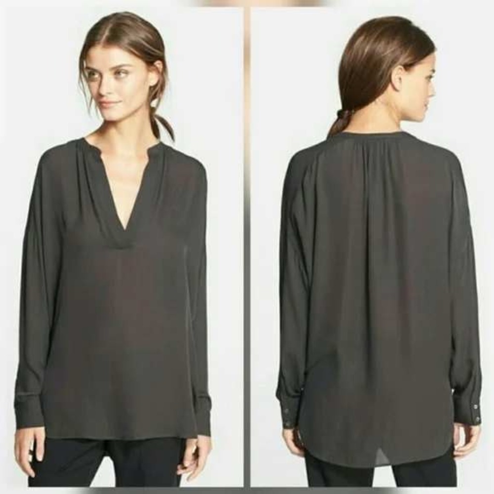 Vince Silk Blend Button‎ Up Long Sleeve Tunic Top Olive Green Size 2